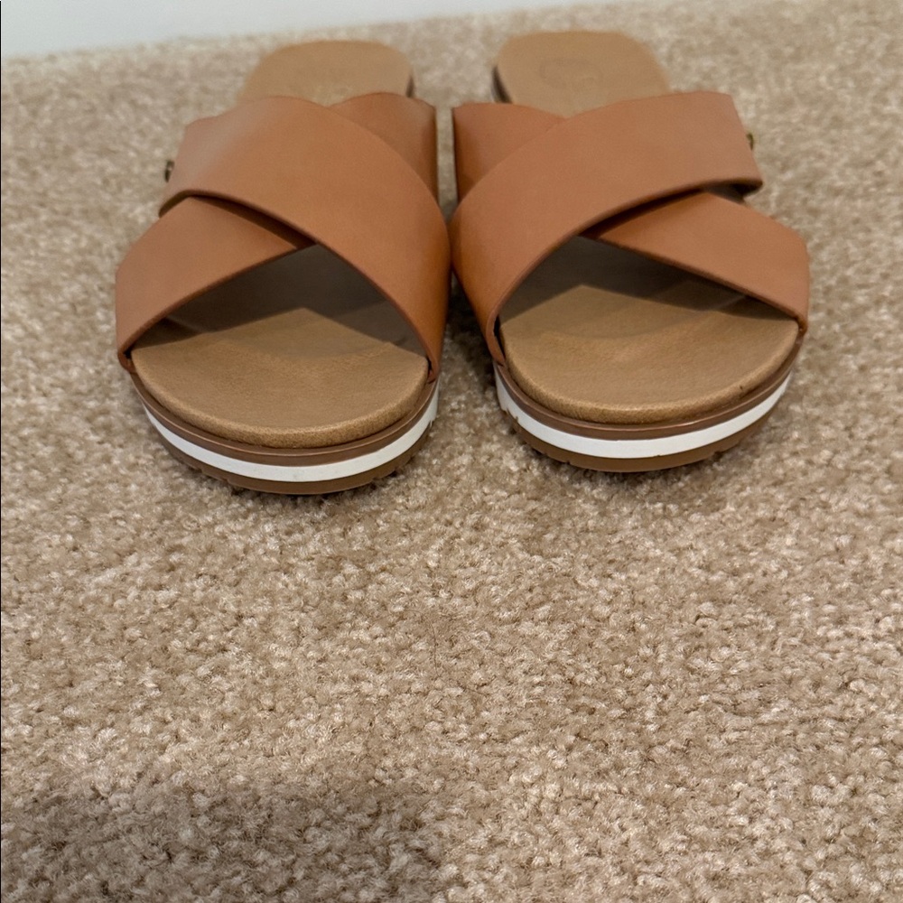 Catherine Malandrino Cognac Tan Cross-Strap Slide Sandals Size 6.5- NWOT - Picture 3 of 9